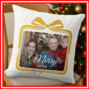 Merry Christmas Elegant Bow Present Photo Collage Throw Pillow