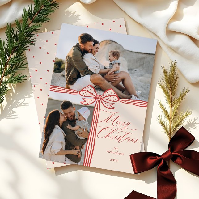 Merry Christmas Elegant Bow & Ribbon Photo Collage Holiday Card (Merry Christmas Elegant Bow & Ribbon Photo Collage Holiday Card)