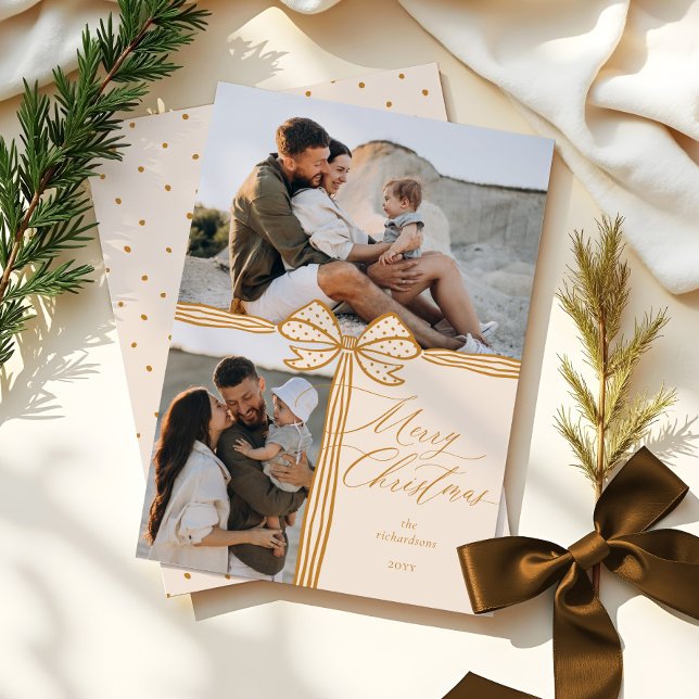 Merry Christmas Elegant Bow & Ribbon Photo Collage Holiday Card (Merry Christmas Elegant Bow & Ribbon Photo Collage Holiday Card)