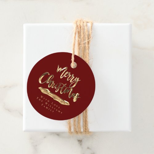 Merry Christmas Elegant Burgundy Red Gold Script Favor Tags
