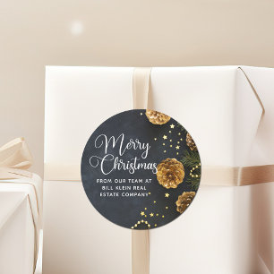 Merry Christmas Elegant Business Black Gold Classic Round Sticker