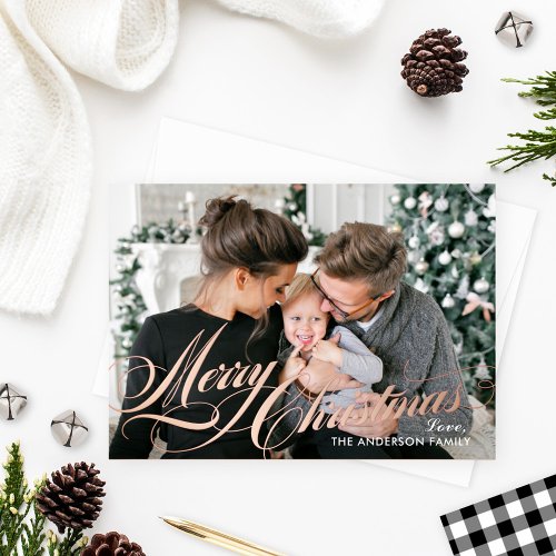 Merry Christmas Elegant Calligraphy Script Photo Foil Holiday Card