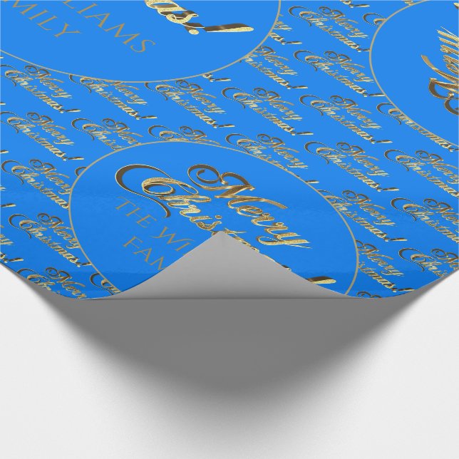 Merry Christmas Elegant Cerulean Blue Gold Script Wrapping Paper (Corner)