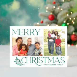 Merry Christmas Elegant Chic 2 Photo Holiday Letterpress Photo Cards
