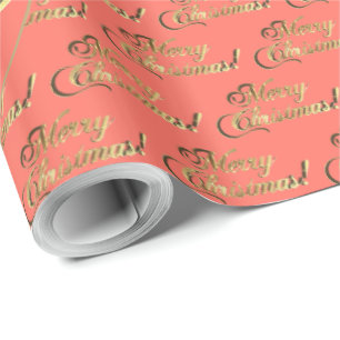 Merry Christmas Elegant Coral Orange Gold Script Wrapping Paper