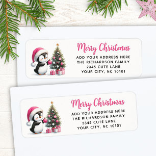 Merry Christmas Elegant Cute Penguin Pink Label