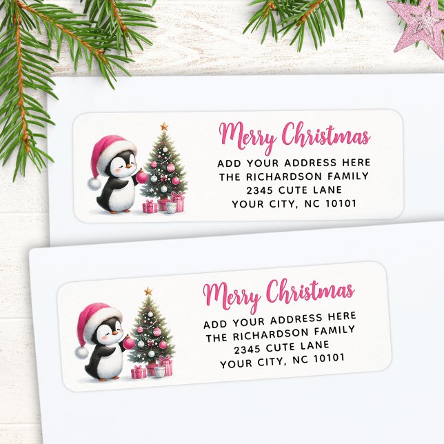 Merry Christmas Elegant Cute Penguin Pink Label (Creator Uploaded)