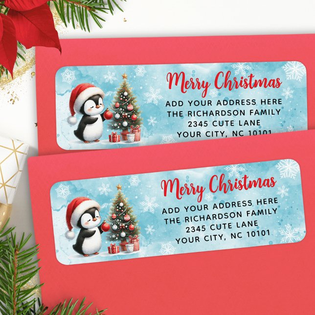 Merry Christmas Elegant Cute Penguin Red Blue Label (Creator Uploaded)