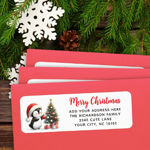 Merry Christmas Elegant Cute Penguin Red White Label
