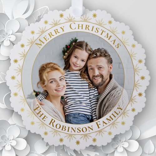 Merry Christmas Elegant Faux Gold Family Photo Ornament Card