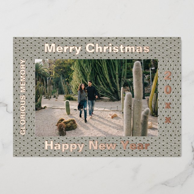 Merry Christmas Elegant Faux Lather Photo Frame  Foil Holiday Card (Front)