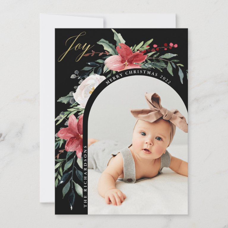 Merry Christmas | Elegant Floral Arch and Photo Holiday Card