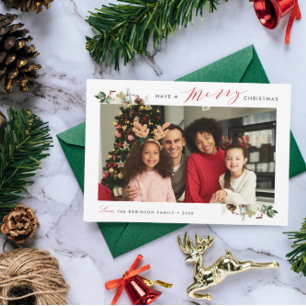 merry christmas elegant floral photo holiday card