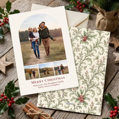 Merry Christmas Elegant Foliage Photo Arch Collage Holiday Card