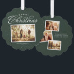 Merry Christmas elegant four photo collage green Ornament Card<br><div class="desc">Send Christmas cheer this year with this simple and elegant green four-photo holiday card. The beautiful Merry Christmas type treatment is paired with one photo on the front and three scrapbook-style photos on the back. The festive holiday card also features an area for a custom message on the back. The...</div>
