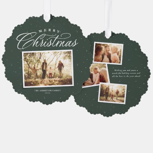 Merry Christmas elegant four photo collage green Ornament Card