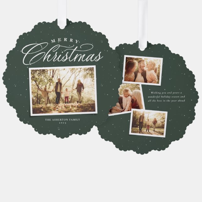 Merry Christmas elegant four photo collage green Ornament Card (Front/Back)