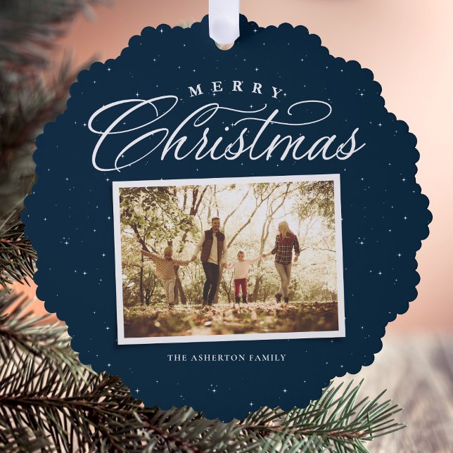 Merry Christmas elegant four photo collage navy Ornament Card (Creator Uploaded)
