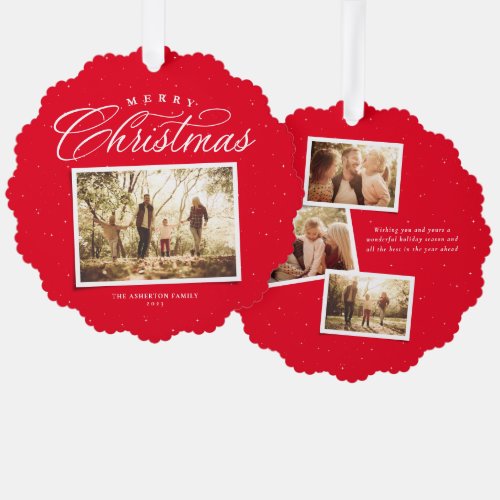 Merry Christmas elegant four photo collage red Ornament Card