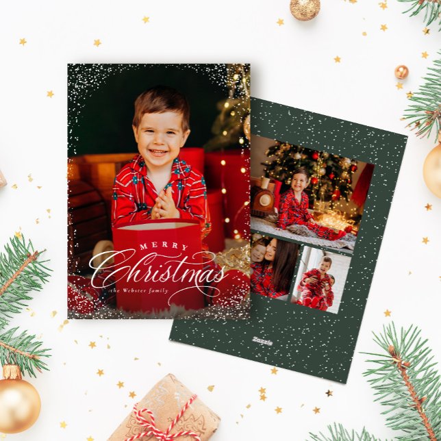 Merry Christmas elegant four photo snow frame Holiday Card (Creator Uploaded)