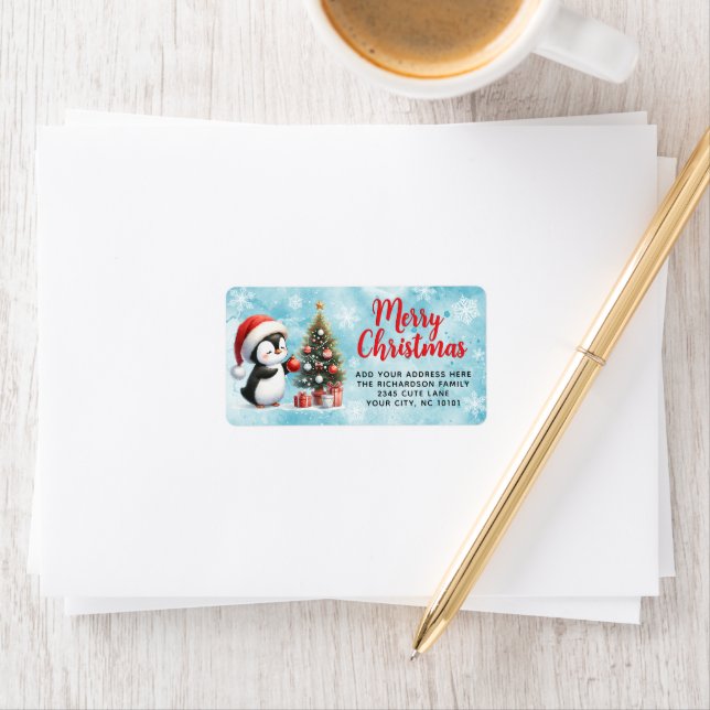 Merry Christmas Elegant Fun Penguin Red and Blue Label (Insitu)