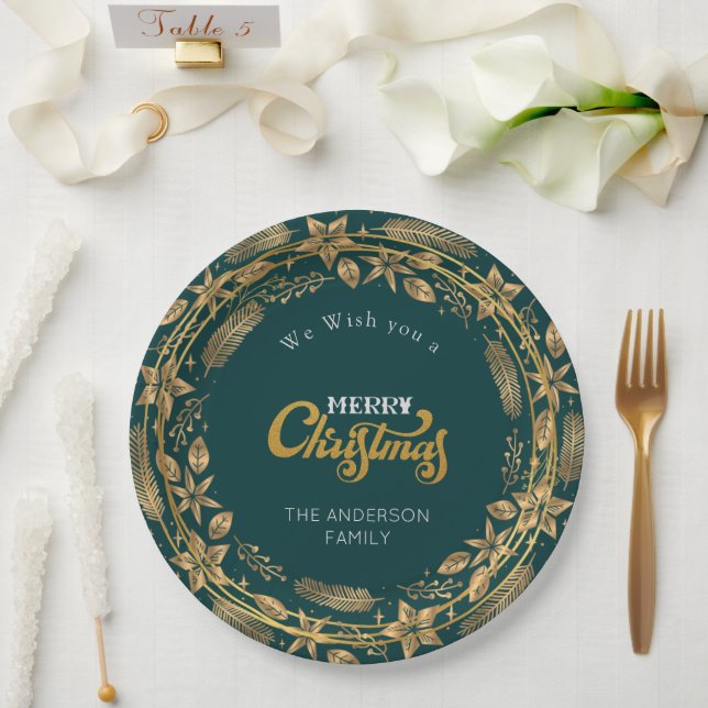Merry Christmas Elegant Gold Arch Green Paper Plat Plates (Wedding)