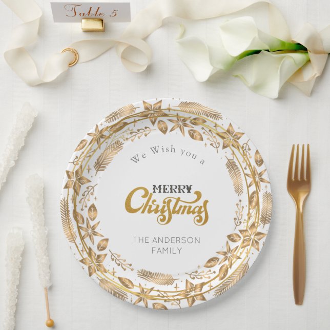 Merry Christmas Elegant Gold Arch White Paper Plat Plates (Wedding)