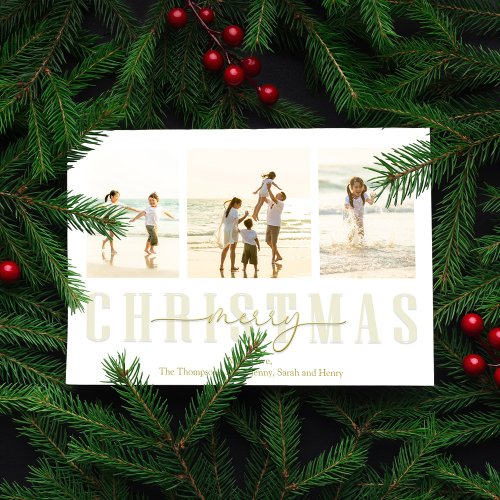 Merry Christmas Elegant Gold Calligraphy 4 Photo Holiday Card