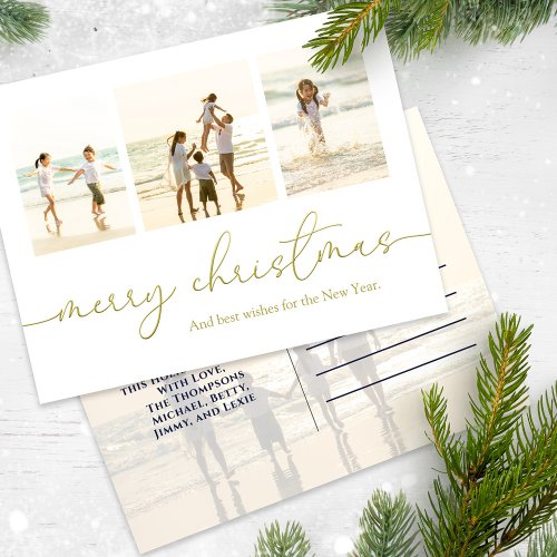 Merry Christmas Elegant Gold Calligraphy 4 Photo Holiday Postcard