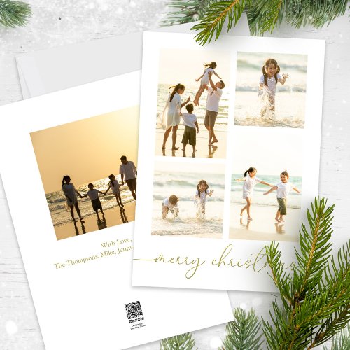 Merry Christmas Elegant Gold Calligraphy 5 Photo Holiday Card