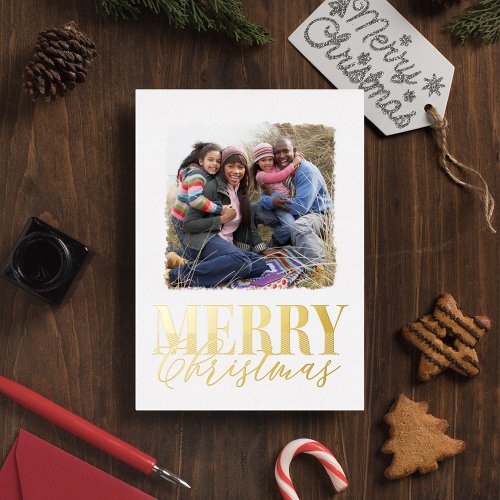 Merry Christmas Elegant Gold Calligraphy Two Photo Foil Holiday Postcard