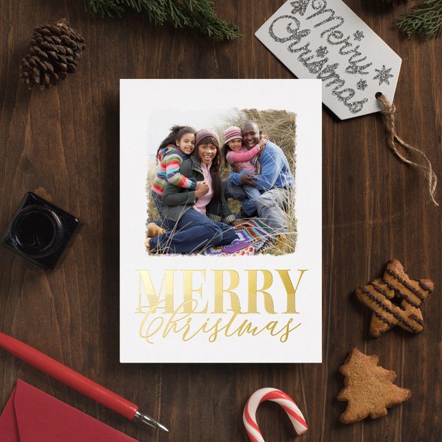 Merry Christmas Elegant Gold Calligraphy Two Photo Foil Holiday Postcard (Gold foil stylish calligraphy and block lettering style photo postcard with a white background.)