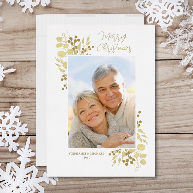 Merry Christmas Elegant Gold Foliage Photo  Foil Holiday Card (Creator Uploaded)