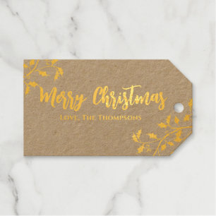 Merry Christmas Elegant Gold Holiday Greenery Foil Gift Tags