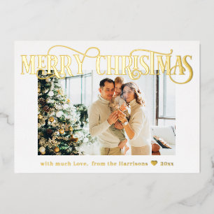 Merry Christmas Elegant Gold Photo White Foil Holiday Card