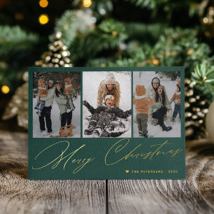 Merry Christmas elegant gold script 3 photo green Foil Holiday Card