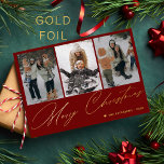 Merry Christmas elegant gold script 3 photo red Foil Holiday Card<br><div class="desc">Minimalist red and gold foil classy luxury chic 3 family photos Merry Christmas holiday card template with text message.</div>