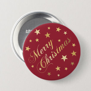 Merry Christmas Elegant Gold Script Festive Stars Button