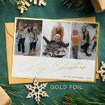 Merry Christmas elegant gold script photo collage Foil Holiday Card<br><div class="desc">Minimalist gold foil frame and white luxury elegant 3 family photos Merry Christmas holiday card template with text message.</div>