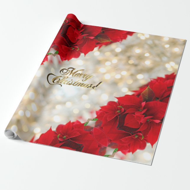 Merry Christmas Elegant Gold Script Poinsettia Wrapping Paper (Unrolled)