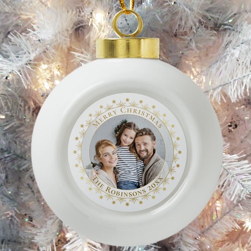 Merry Christmas Elegant Gold Snowflake Photo Ceramic Ball Christmas Ornament