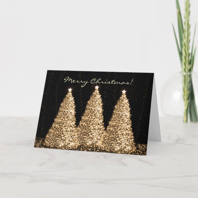 Merry Christmas Elegant Gold Sparkle Trees Holiday Card (Front)