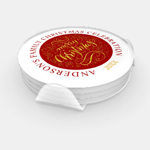 Merry Christmas Elegant Gold Typography Gold & Red Coaster Set