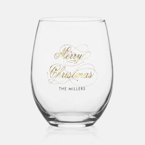 Merry Christmas Elegant Gold Typography Stemless Wine Glass