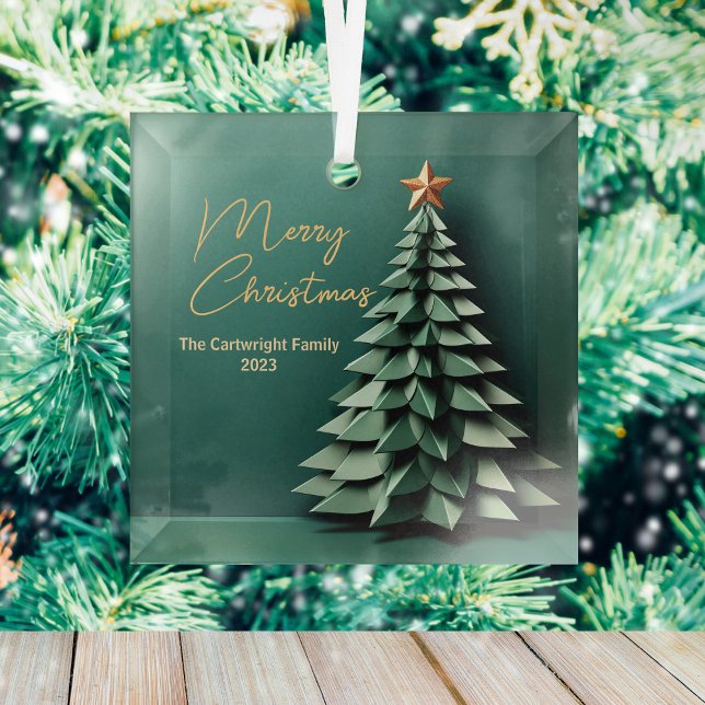 Merry Christmas Elegant Green Gold Custom Keepsake Glass Ornament (Creator Uploaded)