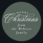 Merry Christmas elegant green holiday gift  Classic Round Sticker<br><div class="desc">Say Merry Christmas in style with this elegant green Christmas gift sticker. The type treatment features an elegant script "Christmas" and there's room to personalize who the gift is from. This design coordinates with the Lea Delaveris Design collection where you can find coordinating cards, gifts and more. Other colors and...</div>