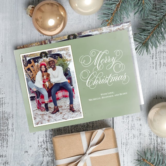 Merry Christmas Elegant Green Photo Holiday Card (Merry Christmas photo card with stylish calligraphy script. )