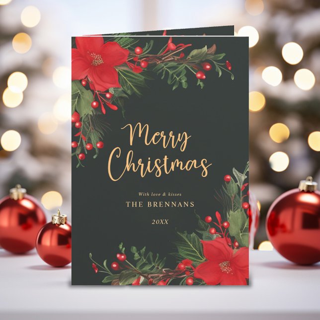 Merry Christmas Elegant Green Red Botanical Holiday Card (Merry Christmas Elegant Green Red Botanical Holiday Card)