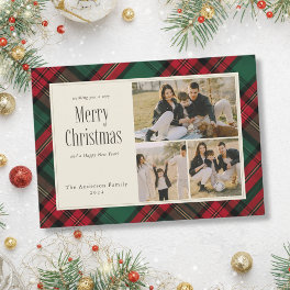 Merry Christmas Elegant Green Red Plaid 3 Photos Holiday Card