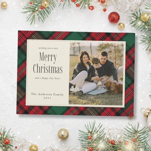 Merry Christmas Elegant Green Red Plaid Photo Holiday Card